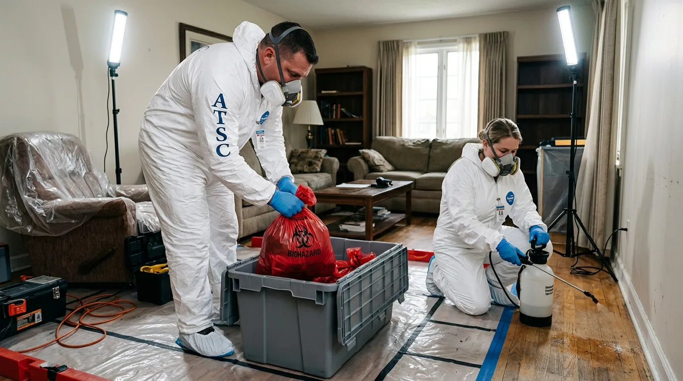 Professional Biohazard Cleanup technician in full PPE working in Woodmoor